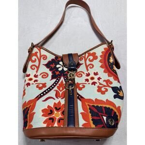 Spartina 449 Waving Mermaid Flower Pattern Leather Linen Tote Purse Shoulder Bag